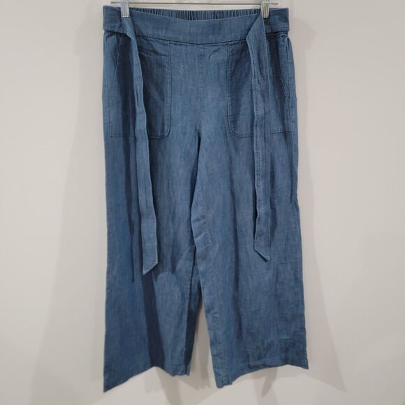 J Crew Womens Cropped Wide Leg Pants Size 8 Chambray Belted Boho Coastal Linen - Picture 1 of 8